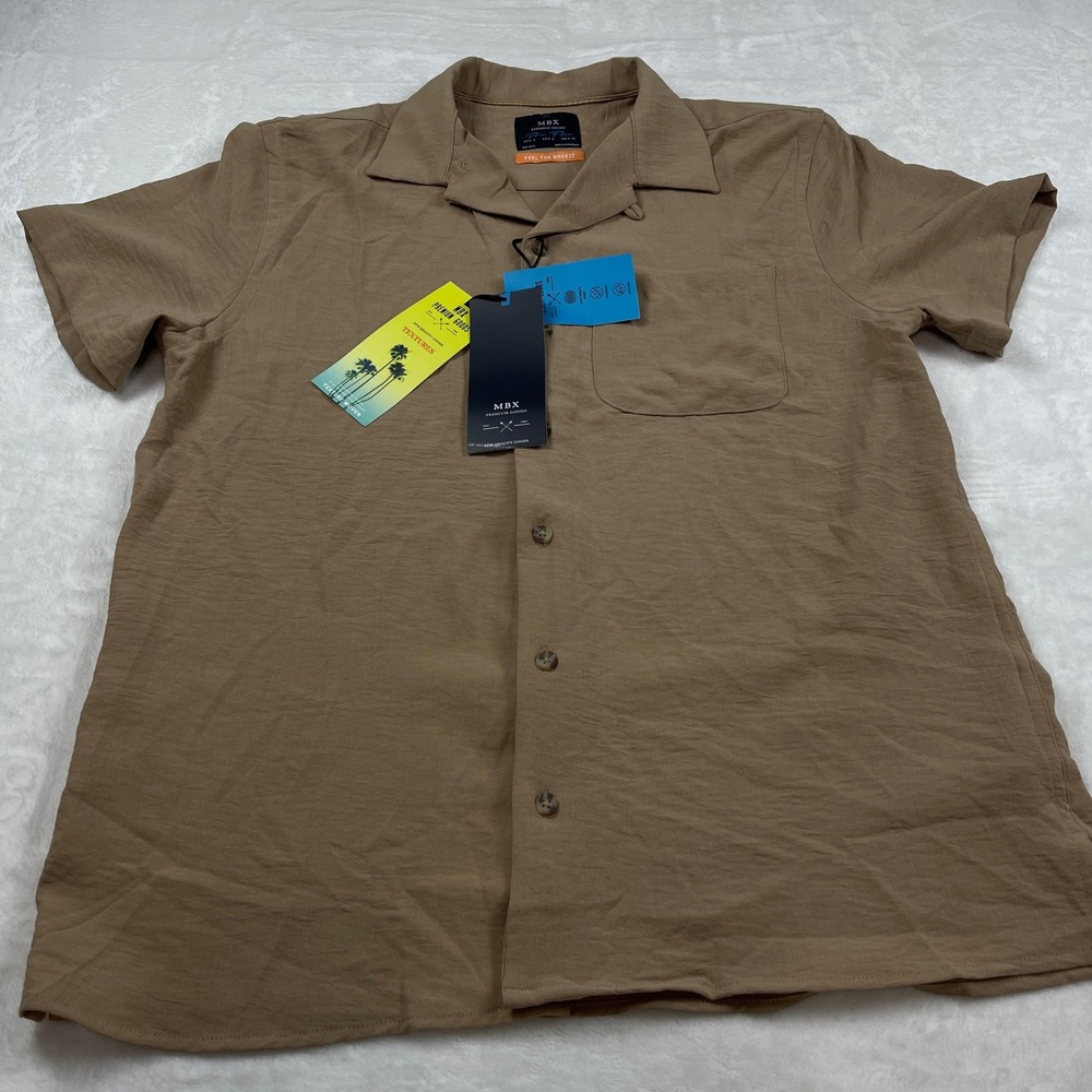 MBX Premium Goods Tan‎ Air Flow Short Sleeve Button Down Shirt Mens Small NWT